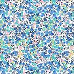 Floral pattern with blue, pink, and yellow flowers on a white background